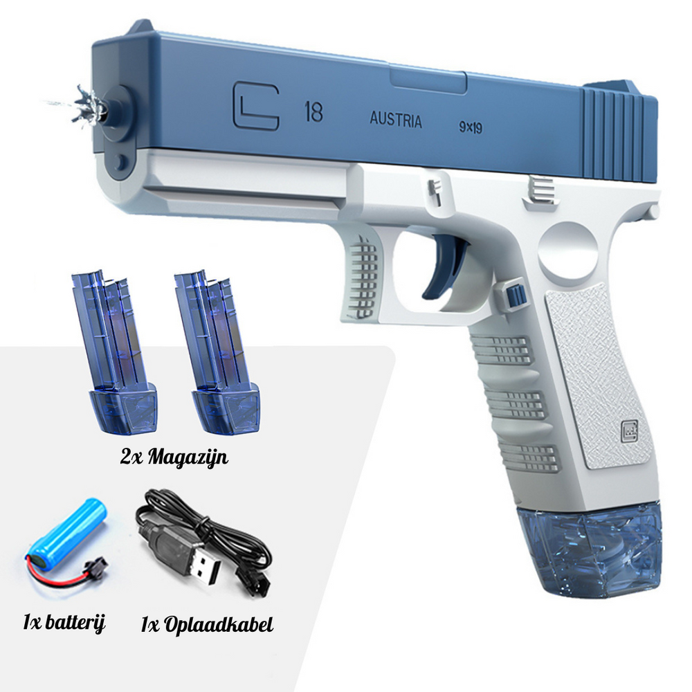  Een blauw AquaGlock™ elektrisch waterpistool met Magazine-accessoire, perfect voor lange periodes van waterpret.