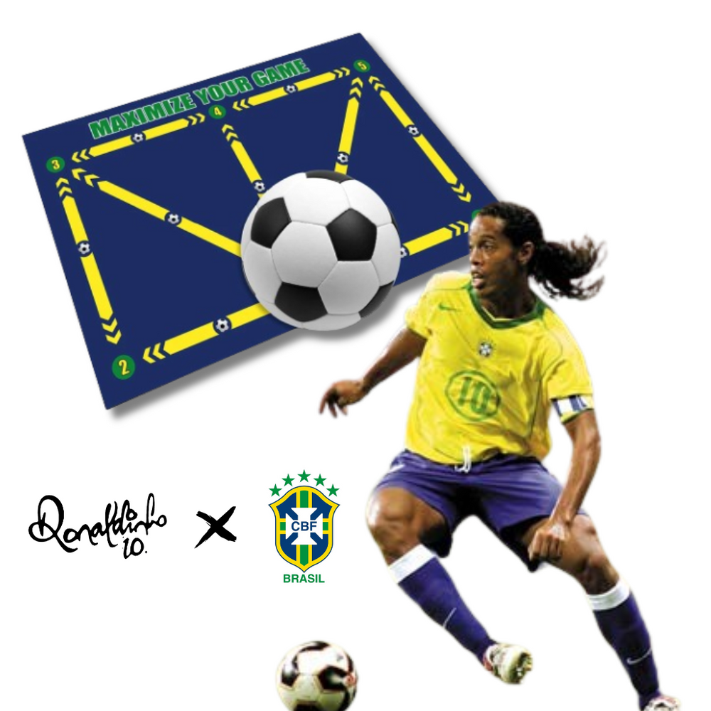Ronaldinho toont zijn voetbalkunst op de dribbelmat.