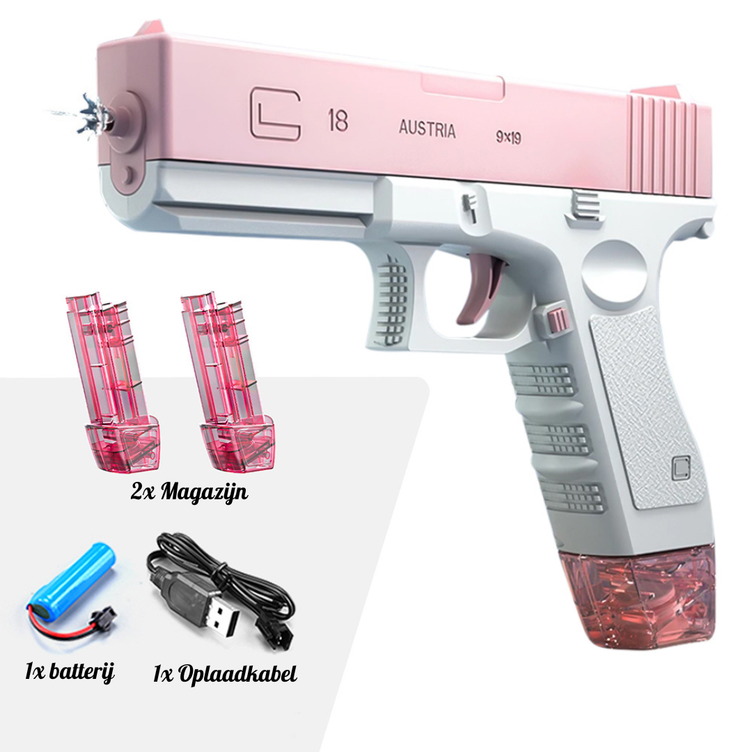 Een roze AquaGlock™ elektrisch waterpistool met Magazine-accessoire, geschikt voor langdurige wateravonturen in de tuin.