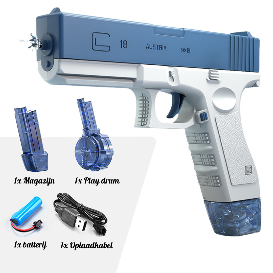 Een blauw AquaGlock™ elektrisch waterpistool met Play Drum-accessoire, ontworpen voor plezierige watergevechten.