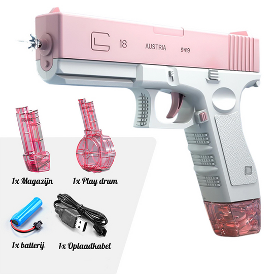  Een roze AquaGlock™ elektrisch waterpistool met Play Drum-accessoire, ideaal voor kinderen die willen genieten van verfrissende zomerspelen.