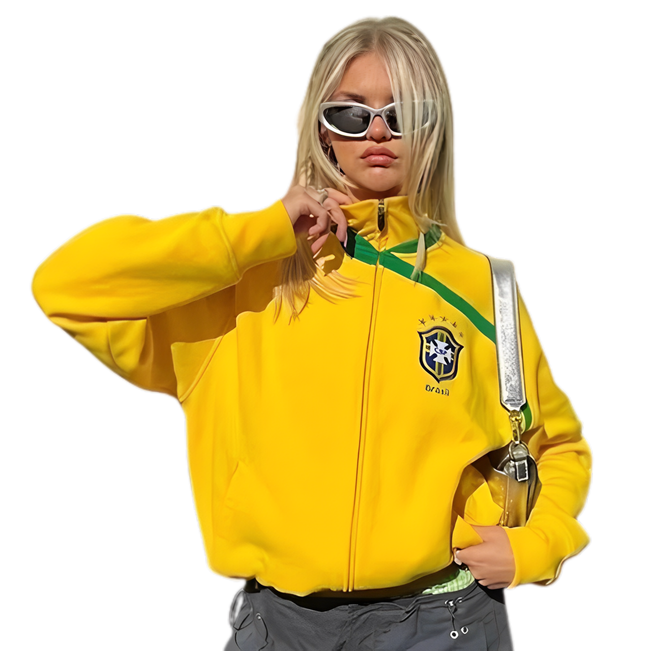 Vrouw draagt een retro Brazilië sweatshirt 
