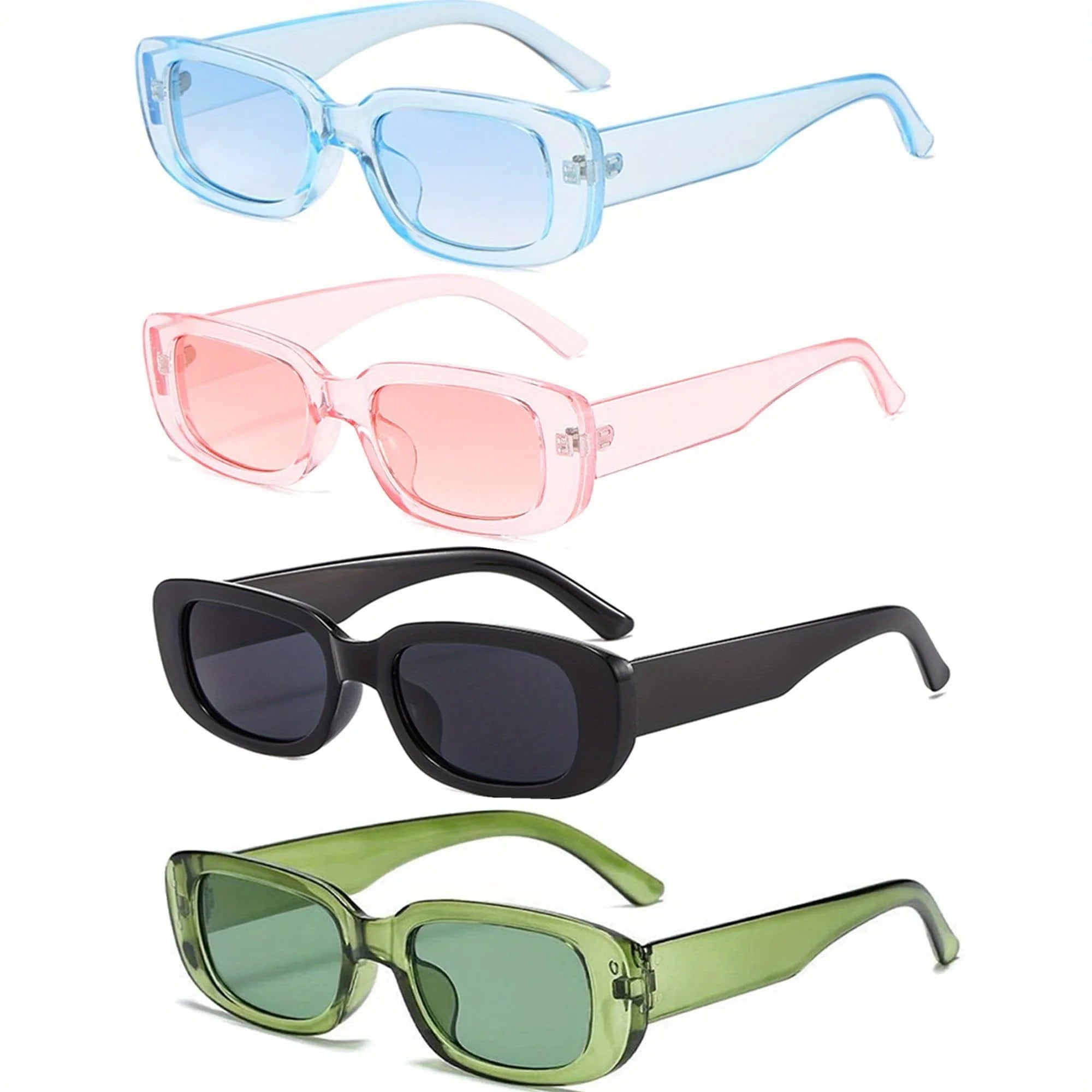 Set van 4 Stuks Rechthoekige Retro Brillen - Blauw, Roze, Zwart, Groen
