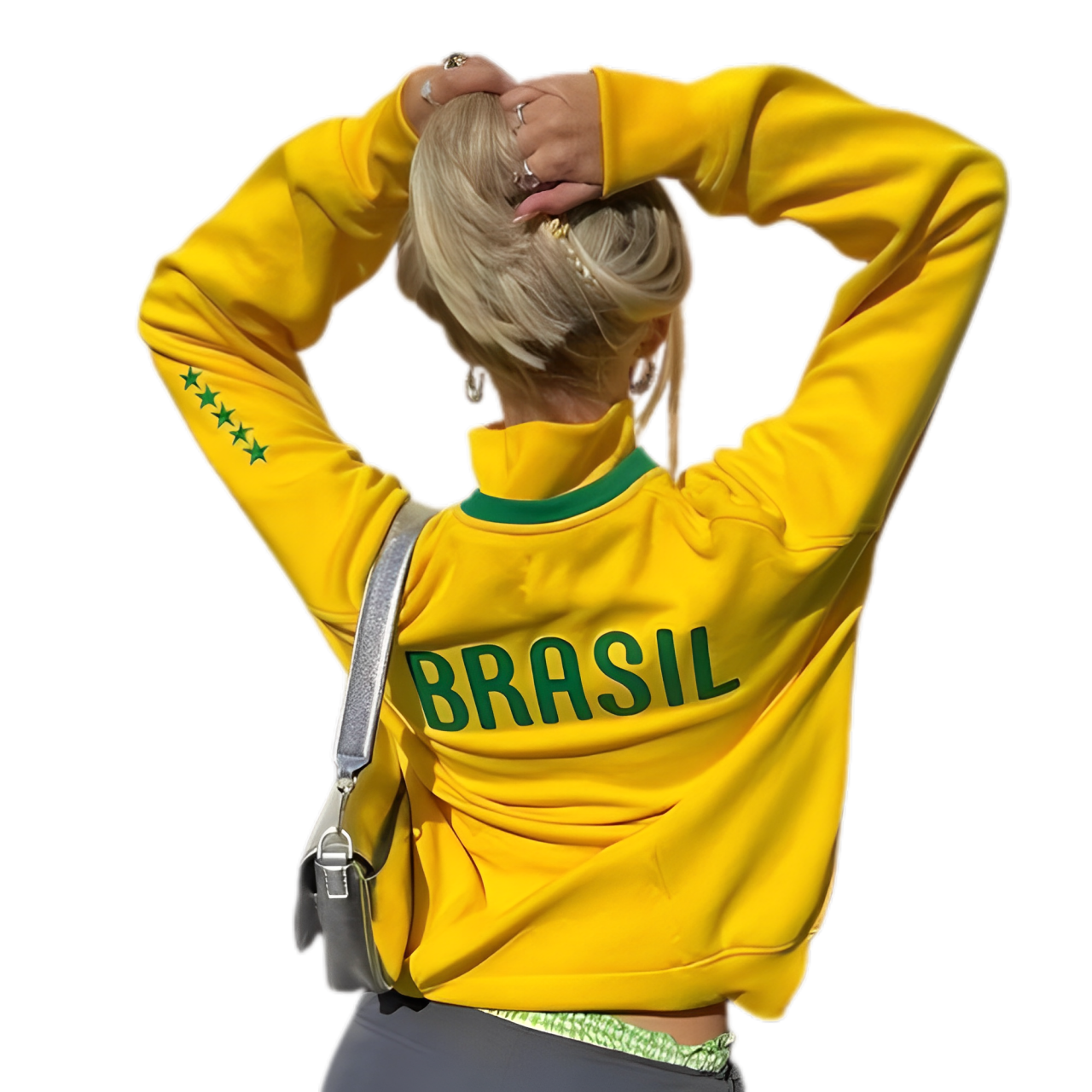 Vrouw showt de achterkant van een 90s Brazilië zip up jack.