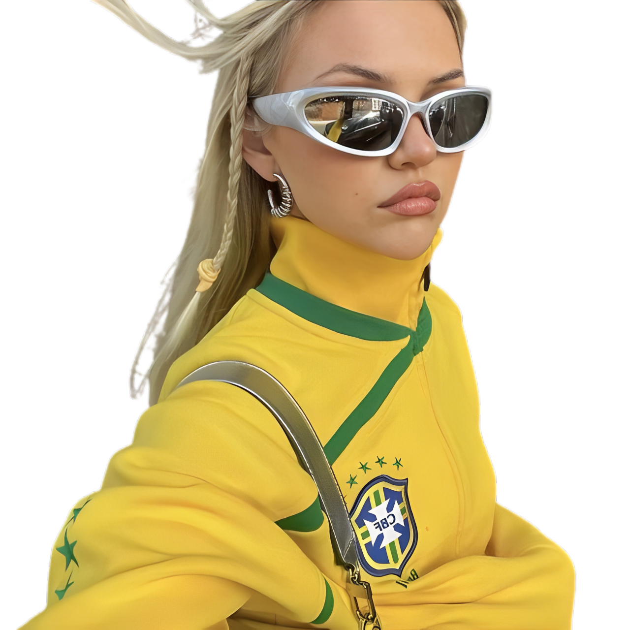Vrouw poseert in een vintage Brazilië trainingsjack met levendige gele en groene kleuren.