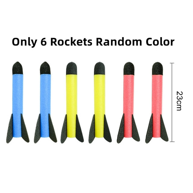 Een kleurrijke verzameling van 6 individuele DuelRocket™ schuimrubberen raketten, perfect voor extra speelplezier en vervanging.