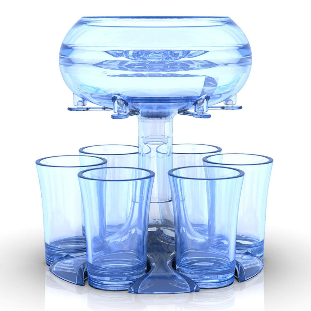 Blauwe shotglas dispenser met opvallende kleur, ideaal voor een levendige sfeer op feesten.